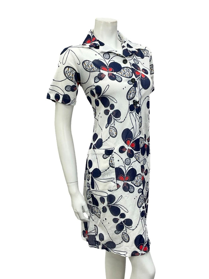 VTG 60S JAPANESE WHITE RED NAVY BLUE PSYCHEDELIC SHIRT SHIFT DRESS 12