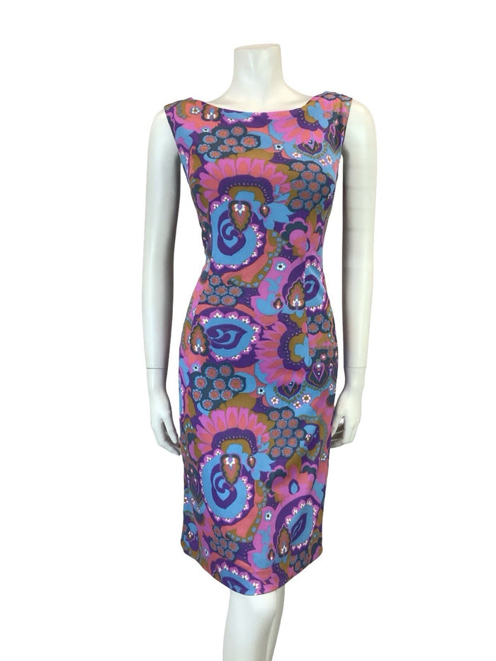 VTG 60S PURPLE PINK BLUE BROWN PSYCHEDELIC FLORAL BOAT NECK PENCIL DRESS 8