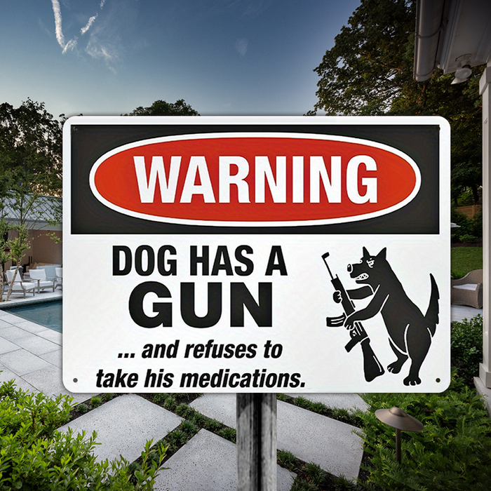 Warning Dog Has A Gun And Refuses To Take His Medications Security Sign Outdoors Decor Metal Sign