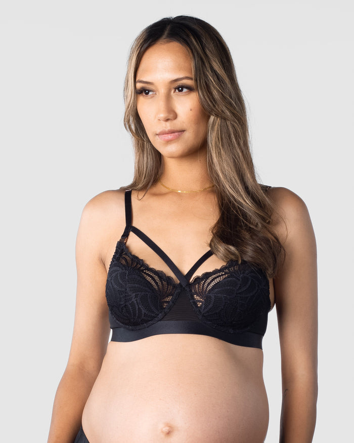 Warrior Balconette Nursing Bra in Black — close-up of lace cup and nursing clip — Hotmilk Lingerie