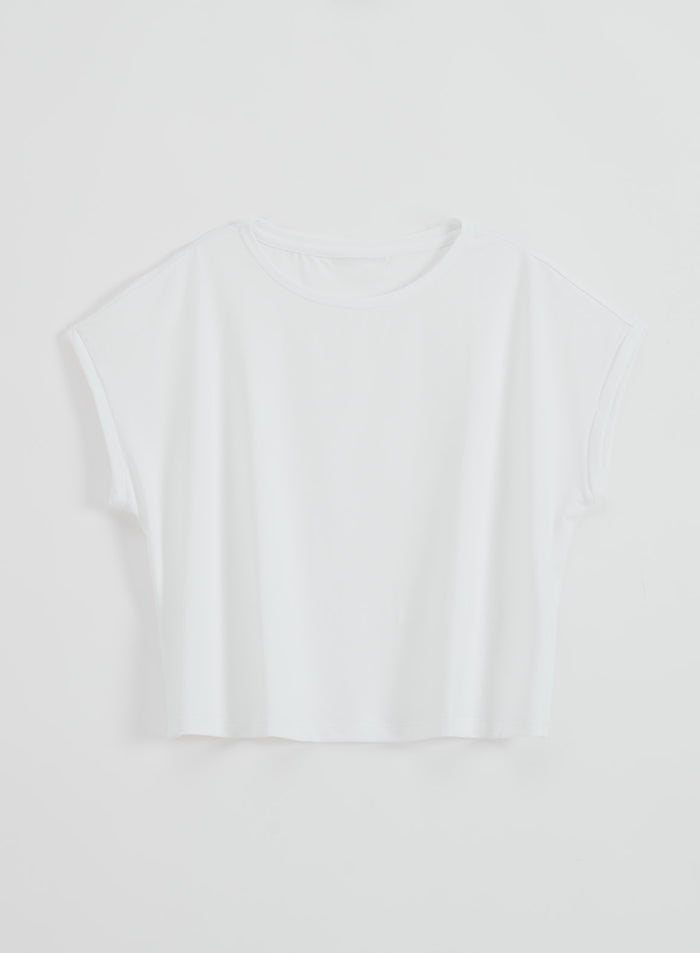 White Soft Basic Roll Sleeve Top