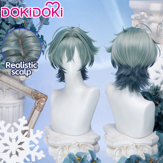 【Wig Ready For Ship】DokiDoki Game Genshin Impact Cosplay Lohen Wig / Earrings / Ear Clip Short Green Gradient Hair Vice Captain of the 5th Company