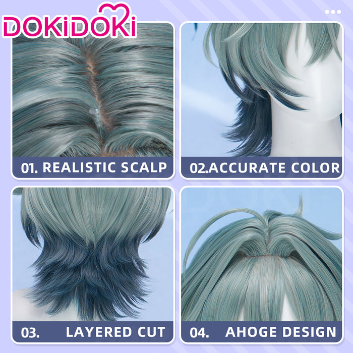 【Wig Ready For Ship】DokiDoki Game Genshin Impact Cosplay Lohen Wig / Earrings / Ear Clip Short Green Gradient Hair Vice Captain of the 5th Company