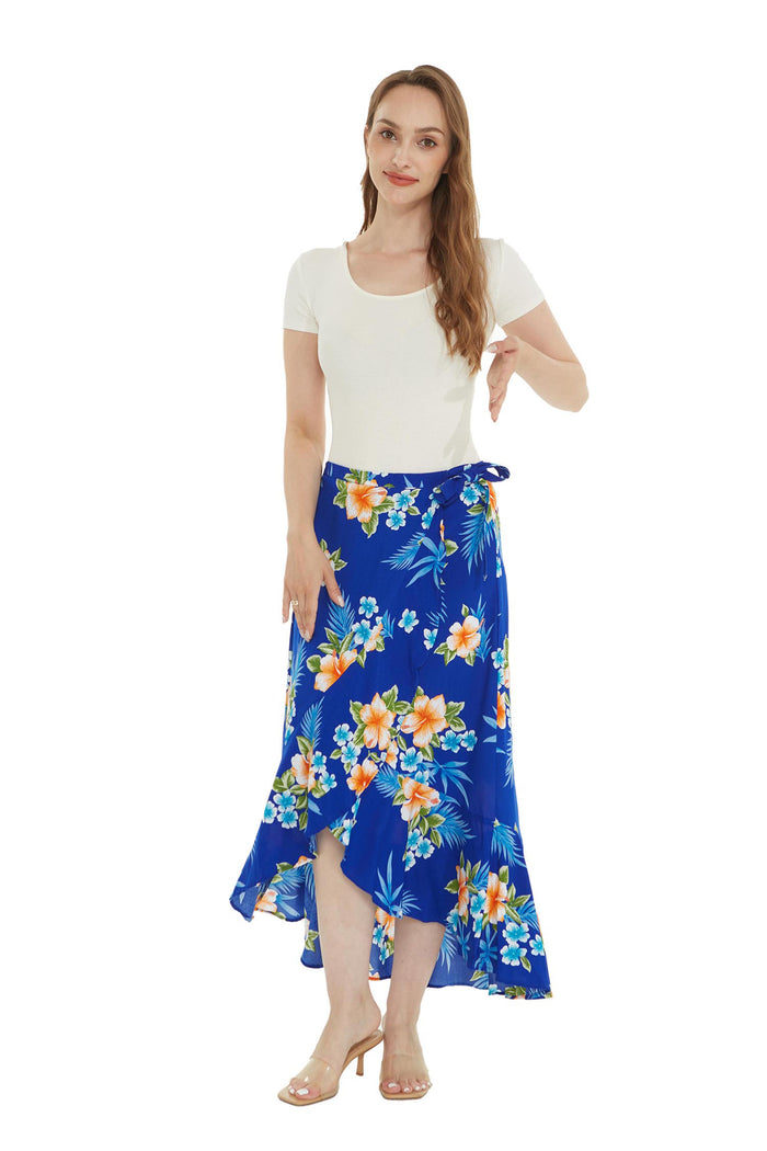 Women's Hawaiian Luau Wrap Ruffle Skirt in Hibiscus Blue