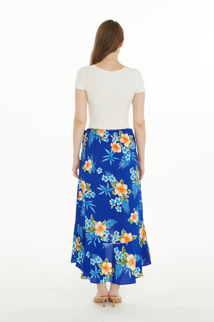 Women's Hawaiian Luau Wrap Ruffle Skirt in Hibiscus Blue
