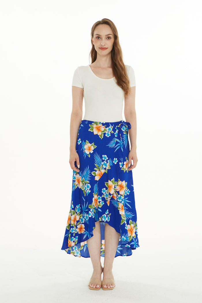 Women's Hawaiian Luau Wrap Ruffle Skirt in Hibiscus Blue