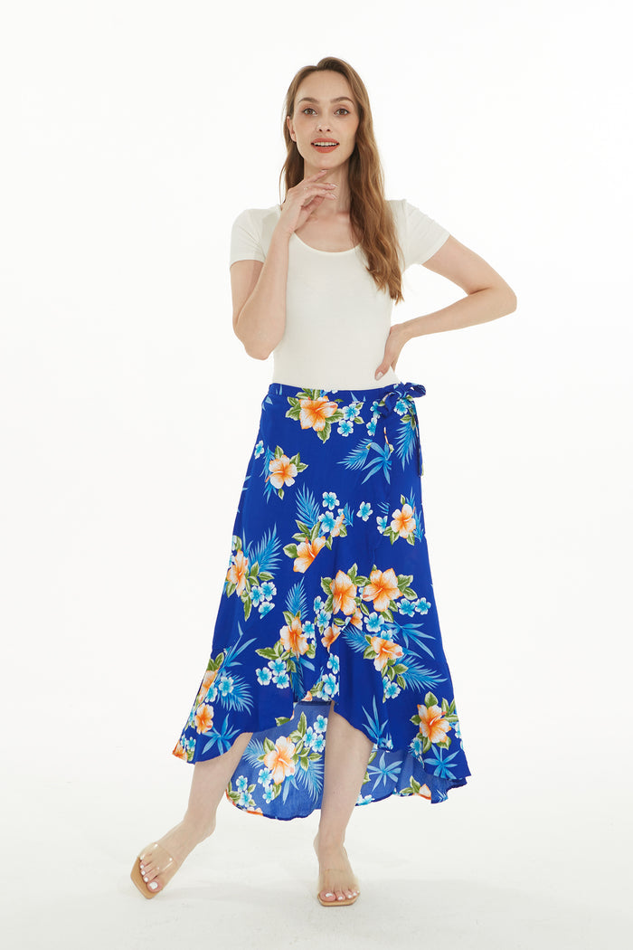 Women's Hawaiian Luau Wrap Ruffle Skirt in Hibiscus Blue