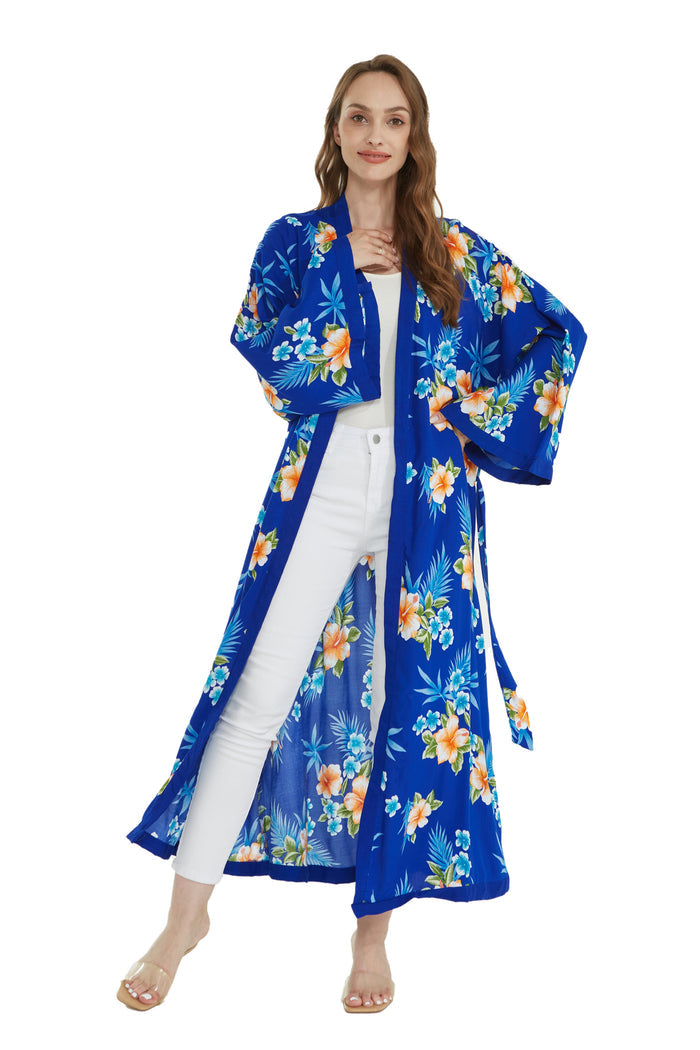 Women's Lightweight Maxi Kimono in Hibiscus Blue