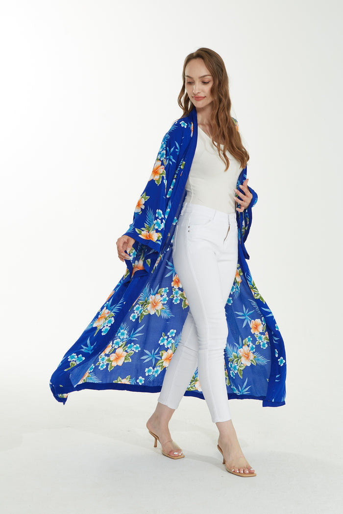 Women's Lightweight Maxi Kimono in Hibiscus Blue