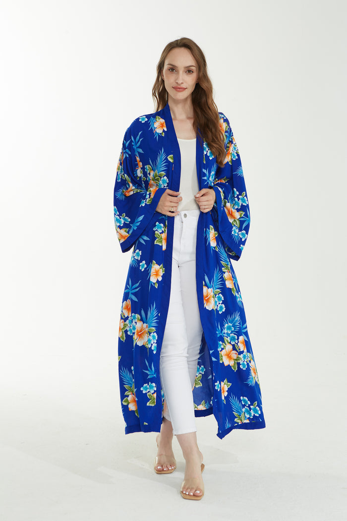 Women's Lightweight Maxi Kimono in Hibiscus Blue