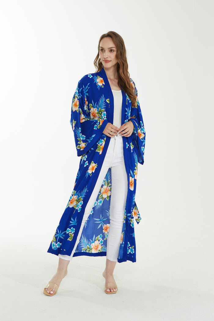 Women's Lightweight Maxi Kimono in Hibiscus Blue