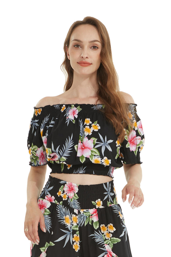 Women's Off-Shoulder Smocked Top in Hibiscus Black