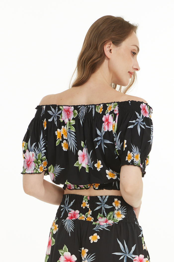 Women's Off-Shoulder Smocked Top in Hibiscus Black