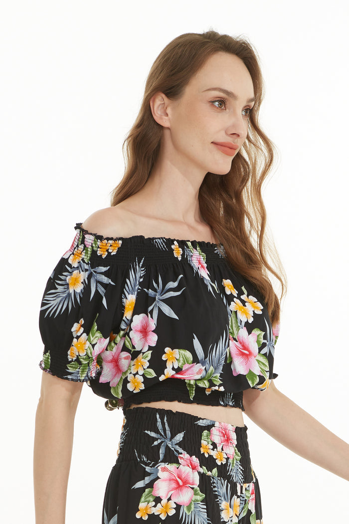 Women's Off-Shoulder Smocked Top in Hibiscus Black