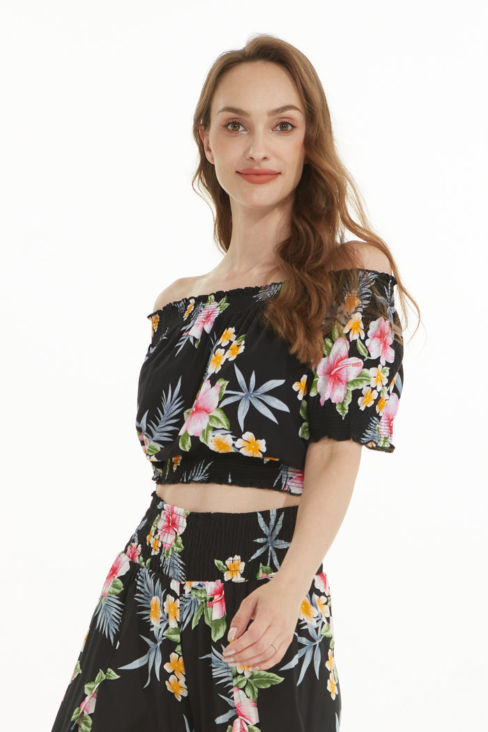 Women's Off-Shoulder Smocked Top in Hibiscus Black