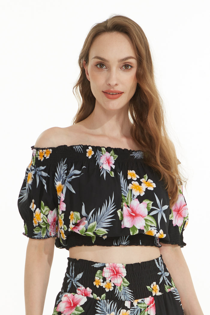Women's Off-Shoulder Smocked Top in Hibiscus Black