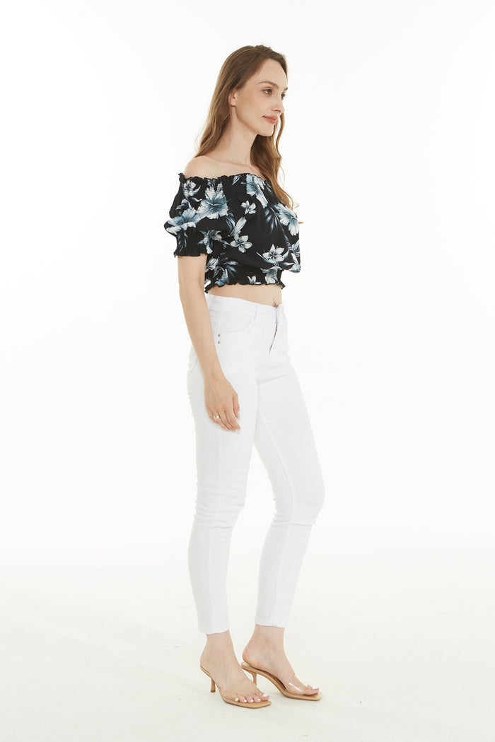 Women's Off-Shoulder Smocked Top in Midnight Bloom