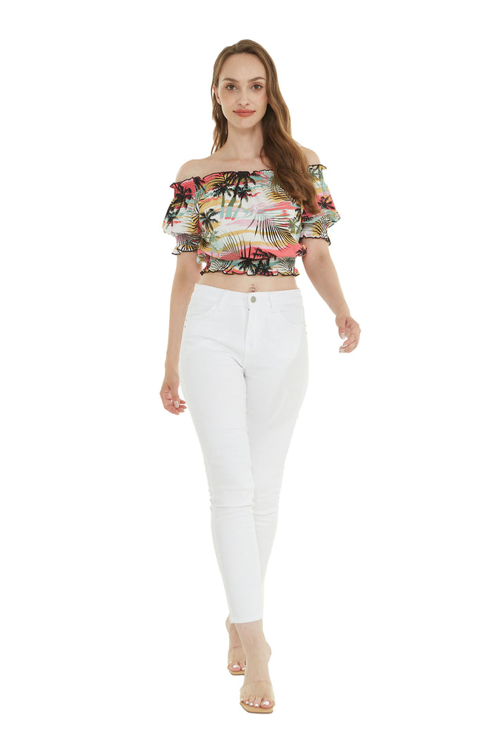 Women's Off-Shoulder Smocked Top in Neon Sunset Patel