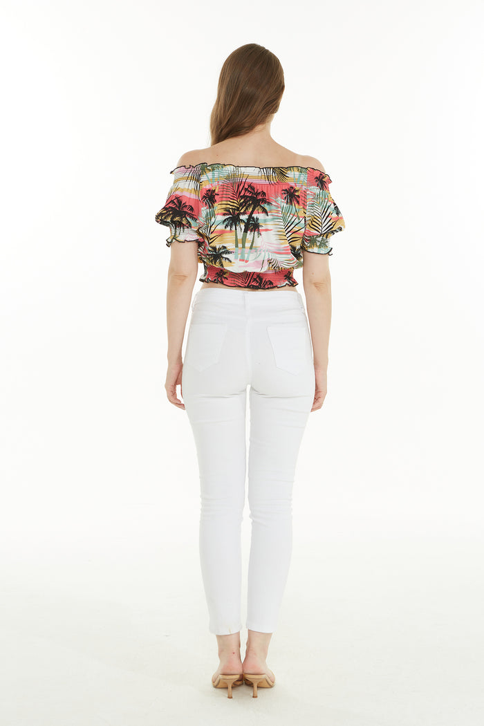 Women's Off-Shoulder Smocked Top in Neon Sunset Patel
