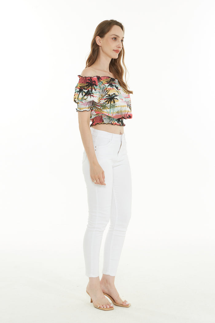 Women's Off-Shoulder Smocked Top in Neon Sunset Patel