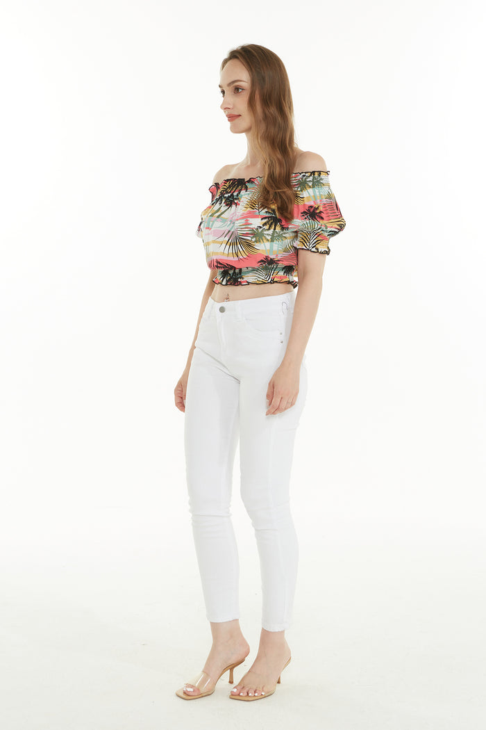 Women's Off-Shoulder Smocked Top in Neon Sunset Patel