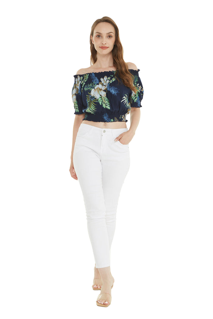 Women's Off-Shoulder Smocked Top in Pineapple Garden Navy