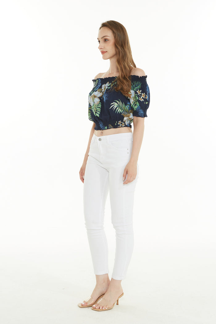 Women's Off-Shoulder Smocked Top in Pineapple Garden Navy