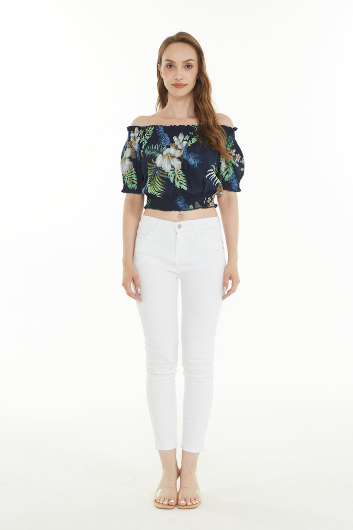 Women's Off-Shoulder Smocked Top in Pineapple Garden Navy
