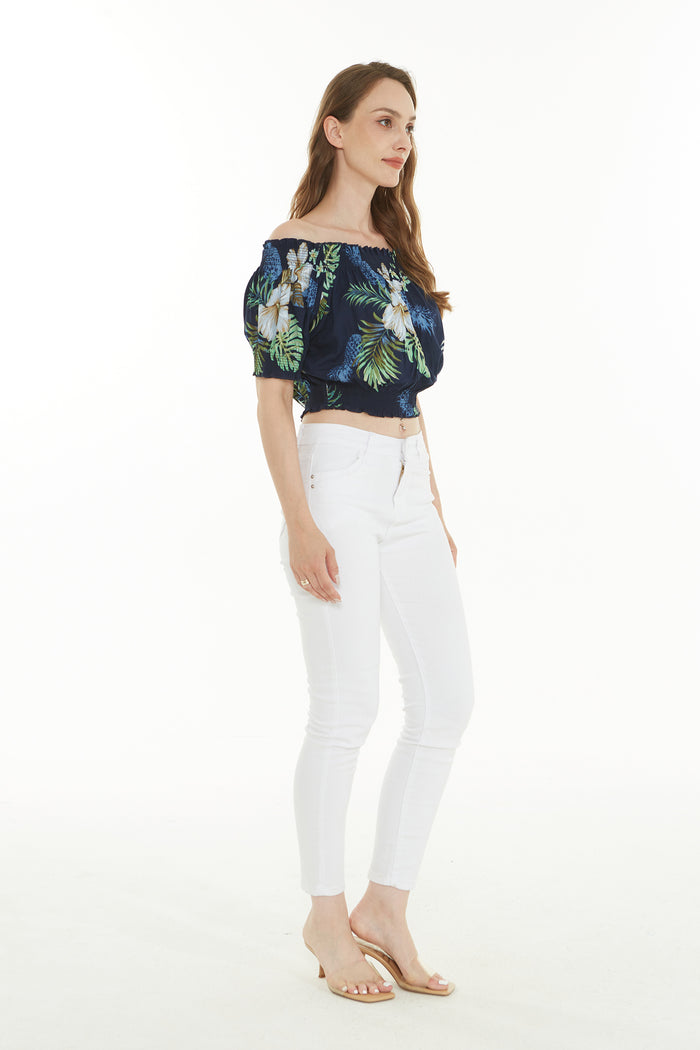 Women's Off-Shoulder Smocked Top in Pineapple Garden Navy