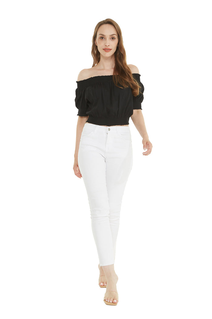 Women's Off-Shoulder Smocked Top in solid black