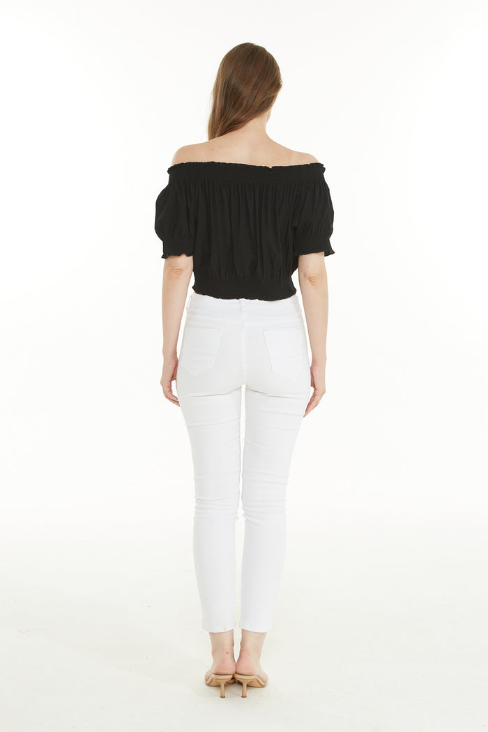 Women's Off-Shoulder Smocked Top in solid black