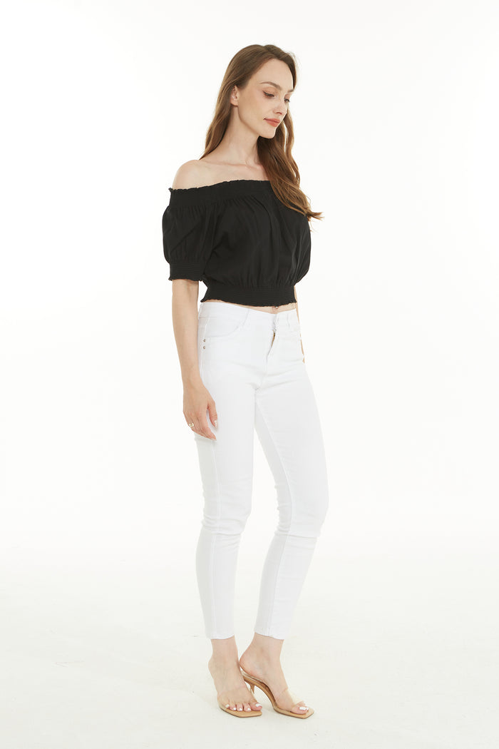 Women's Off-Shoulder Smocked Top in solid black