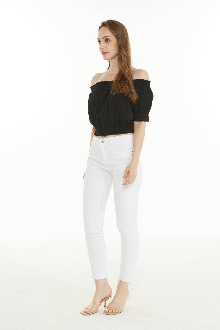 Women's Off-Shoulder Smocked Top in solid black