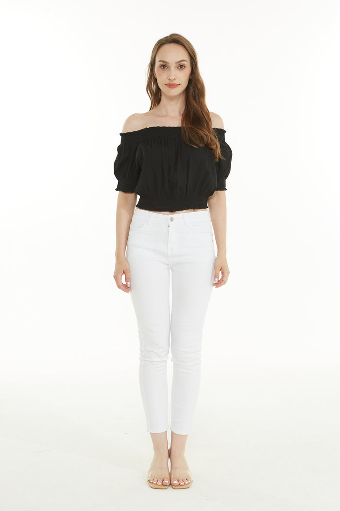 Women's Off-Shoulder Smocked Top in solid black