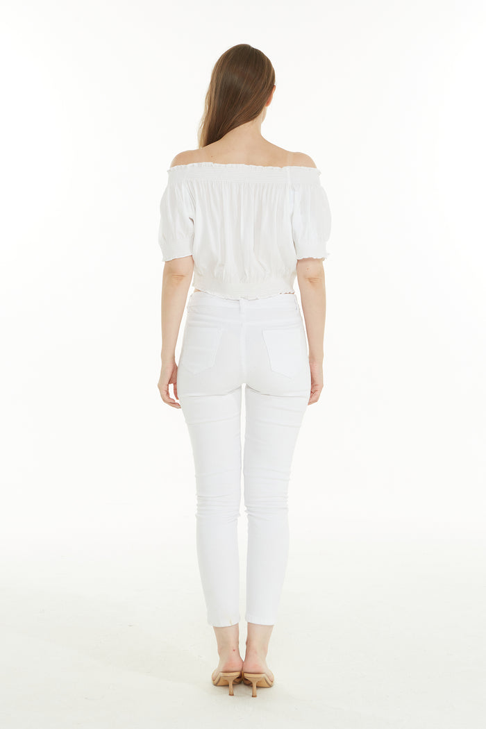 Women's Off-Shoulder Smocked Top in solid white