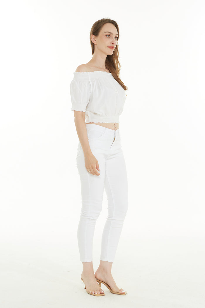 Women's Off-Shoulder Smocked Top in solid white