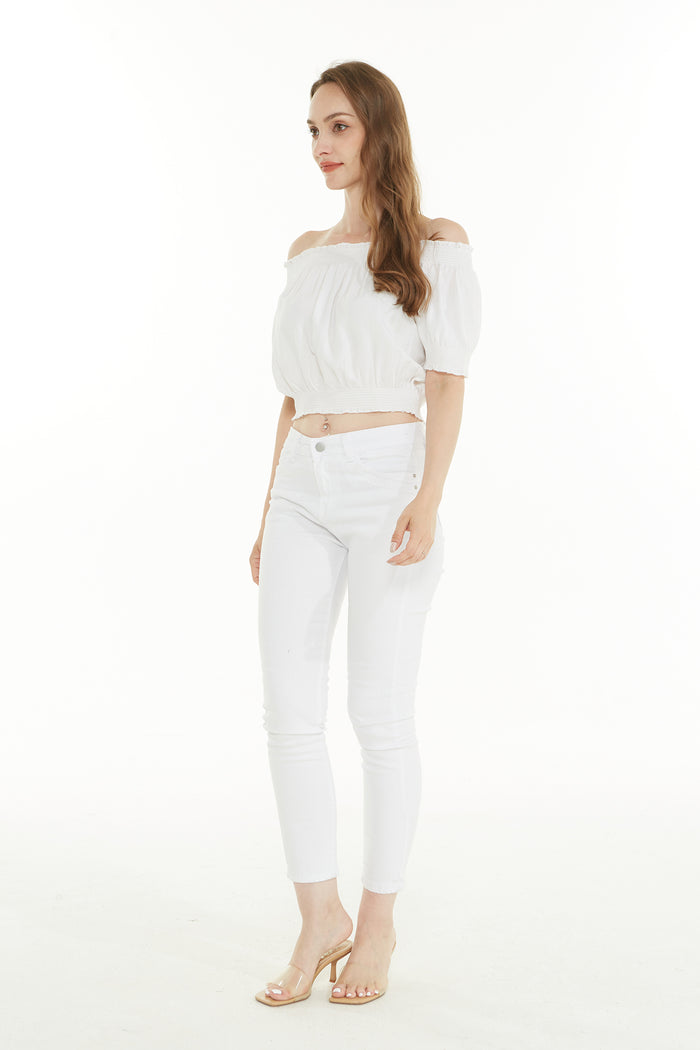 Women's Off-Shoulder Smocked Top in solid white