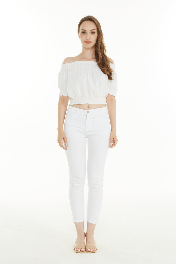 Women's Off-Shoulder Smocked Top in solid white
