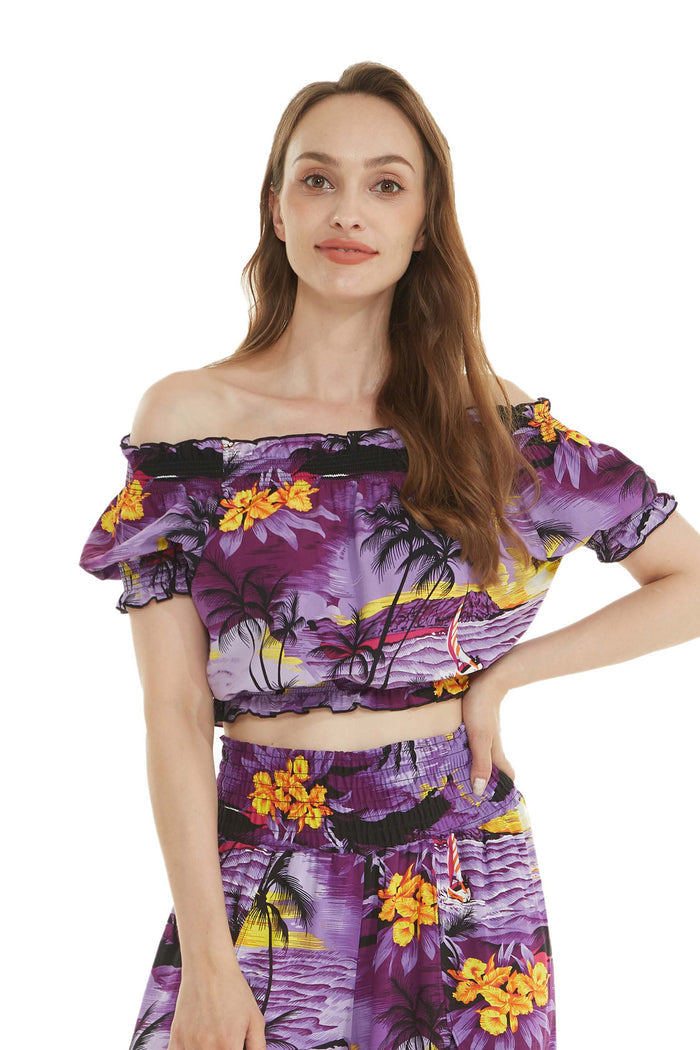 Women's Off-Shoulder Smocked Top in Sunset Purple