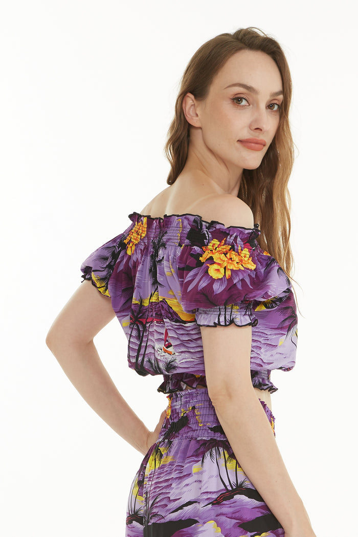 Women's Off-Shoulder Smocked Top in Sunset Purple