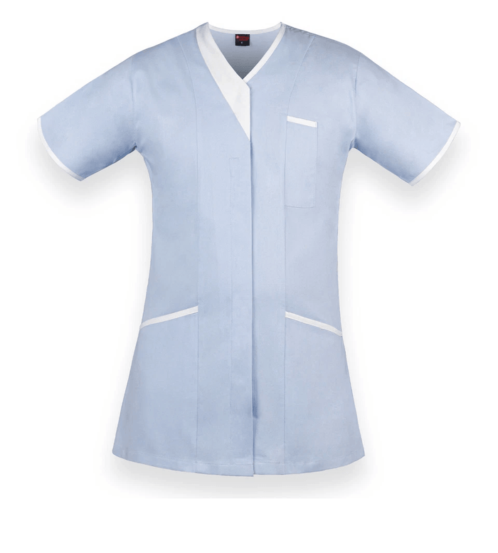 A light blue short-sleeve scrub top with white trim on the V-neck, sleeve cuffs, chest pocket, and lower front pockets, shown against a plain white background.