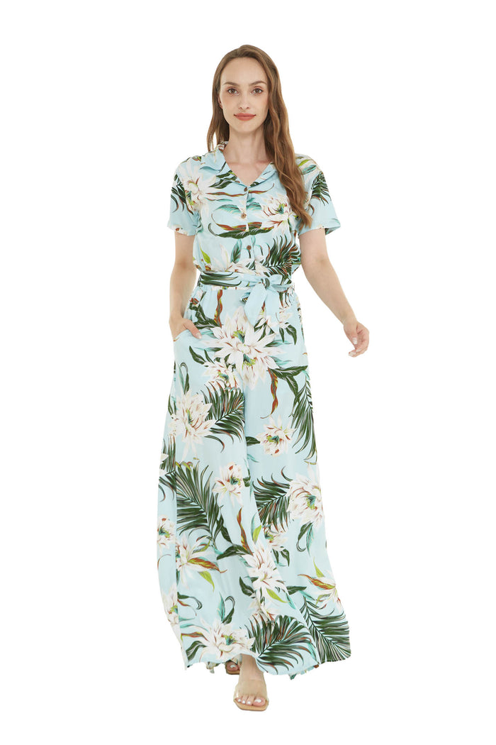 Women's Wide Leg Jumpsuit with pockets in Wispy Cereus Light Blue