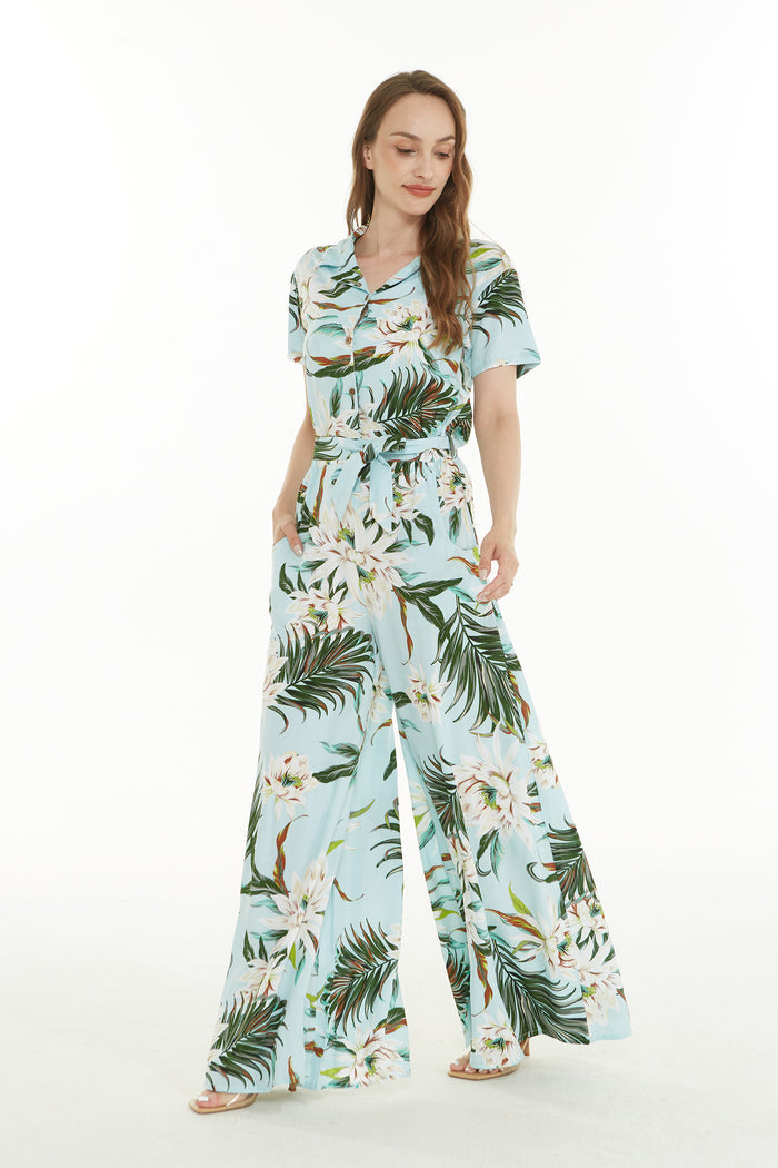 Women's Wide Leg Jumpsuit with pockets in Wispy Cereus Light Blue