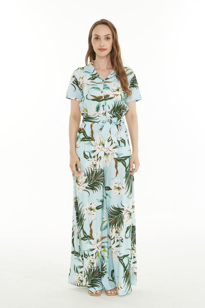 Women's Wide Leg Jumpsuit with pockets in Wispy Cereus Light Blue