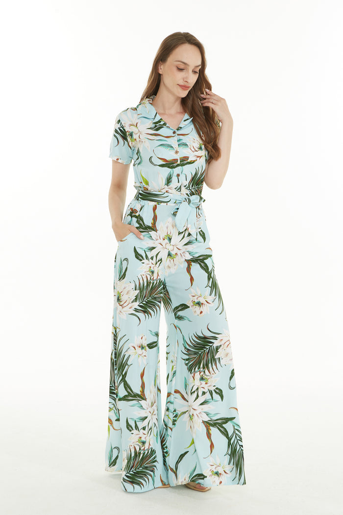 Women's Wide Leg Jumpsuit with pockets in Wispy Cereus Light Blue