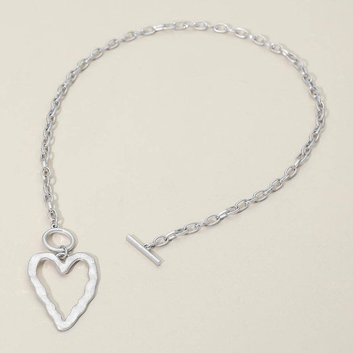 Worn Silver Hammered Metal Toggle Heart Pendant Necklace