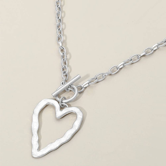 Worn Silver Hammered Metal Toggle Heart Pendant Necklace